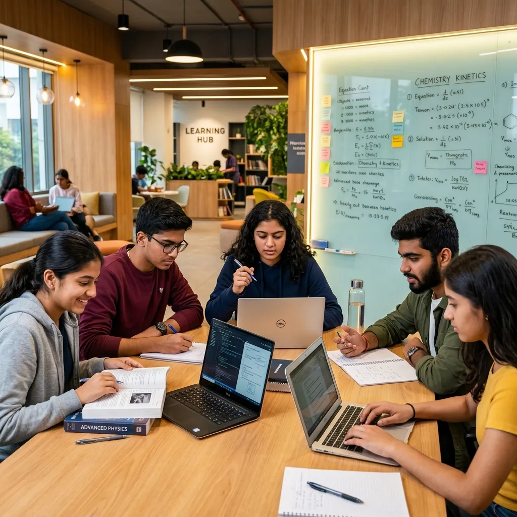 Students studying with notebooks and laptops in modern premium environment